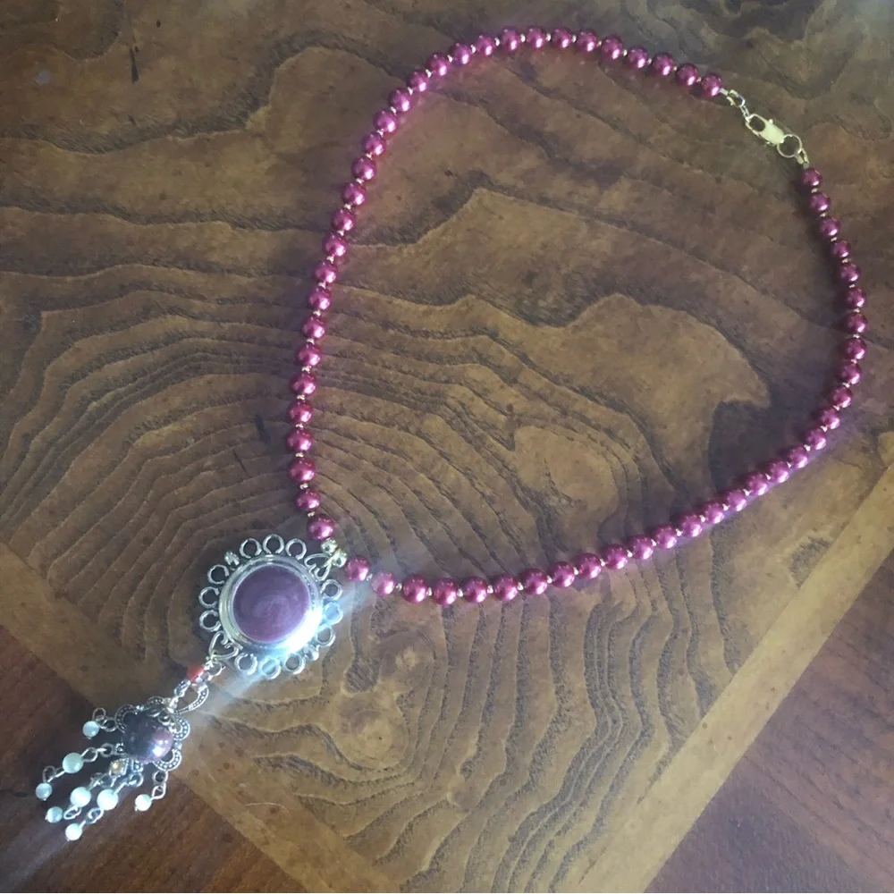 Handcrafted repurpose enamel sunburst chandelier Czech glass Pearl necklace